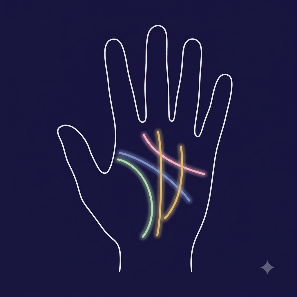 Annotated palm showing the major lines and mounts