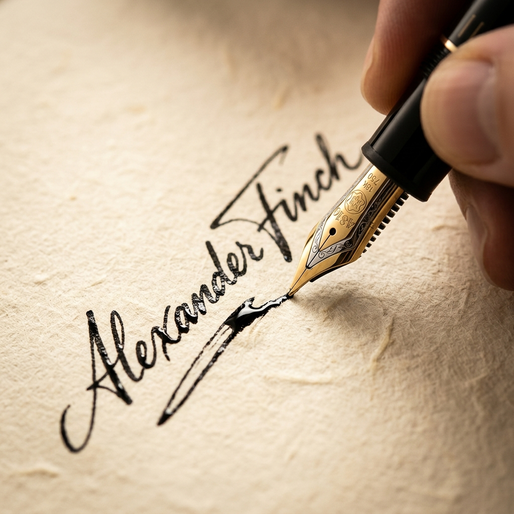 An elegant signature written in ink on warm paper