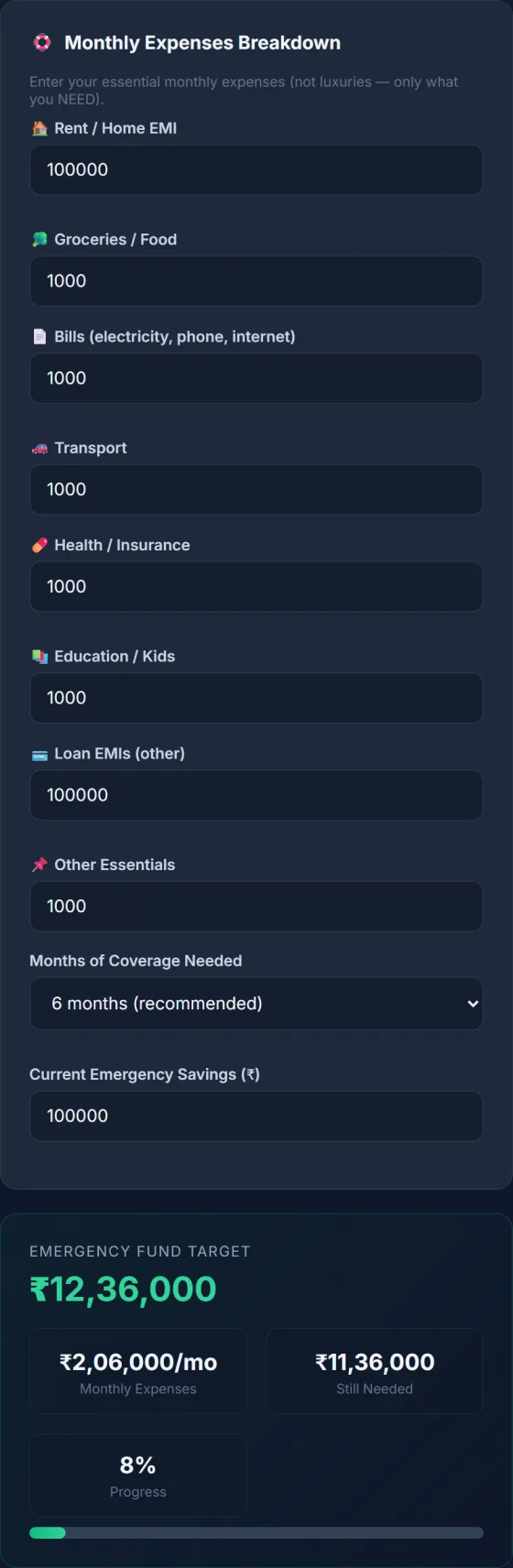 Emergency Fund Calculator — result screen