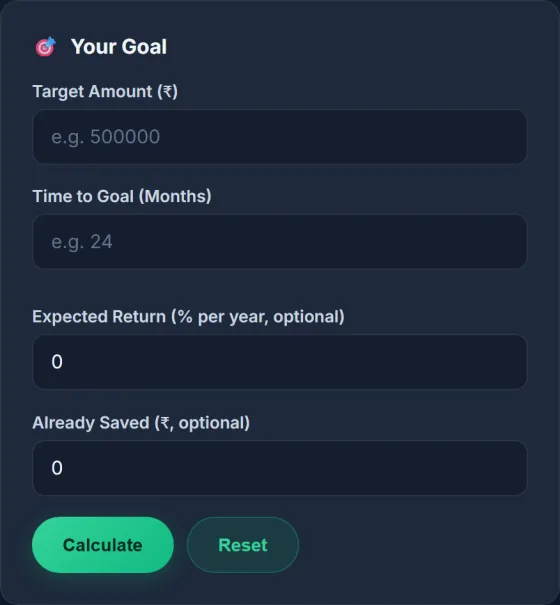 Savings Goal Calculator — input screen